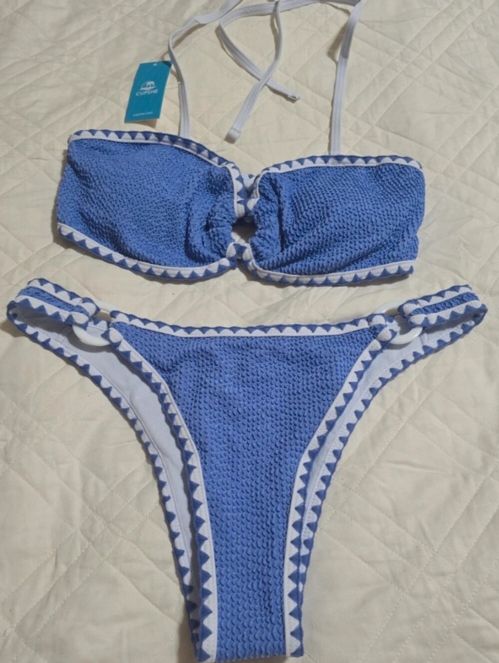 Cupshe Size M Blue and White Textured Triangle Ring Bikini